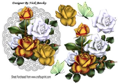 Pretty Gold/white Roses on Lace Doilie with Butterflies
