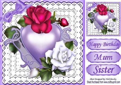 Pretty Purple Heart on Lace with Roses and Bow 8x8
