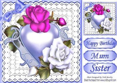 Pretty Blue Heart on Lace with Roses and Bow 8x8