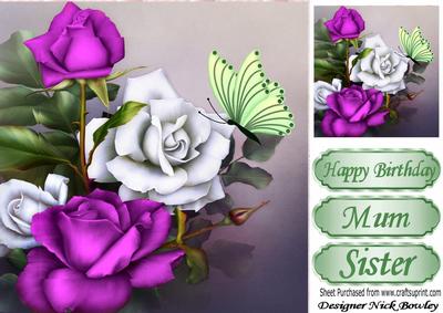 Pretty Cerise/white Roses with Butterfly for Mum 8x8