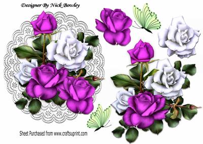 Pretty Cerise/white Roses with Butterfly on Lace Doilie