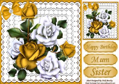 Gold and White Roses on Lace with Bow 8x8