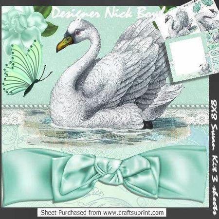 Pretty Vintage White Swan, Flowers, Turq Bow 8x8 Mini Kit