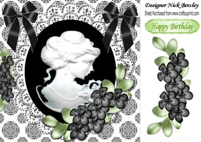 Elegant Black Cameo with Flowers, Lace with Bows 8x8