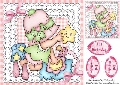 Little Bonnet Baby Girl with Her Bottle & Stars, 8x8