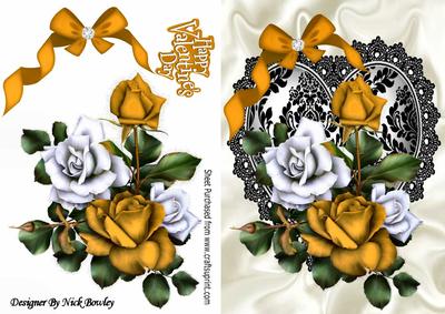 Gold and White Roses with Bow on Blace Lace Heart