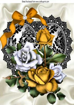 Gold and White Roses with Bow on Blace Lace Heart A4
