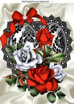Red and White Roses on Blace Lace Heart A4