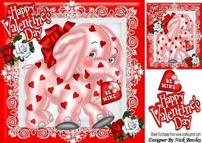 Cute Pink Valentine Ele, with Be Mine Heart and Roses 8x8
