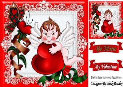 Little Cherub with Heart and Butterfly on Lace 8x8
