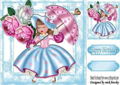 Pretty Lady in Blue with Her Parasol, and Rose 8x8