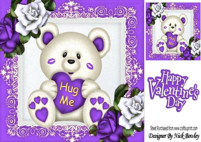 Hug Me! Cute Teddy Bear with Purple & White Roses 8x8