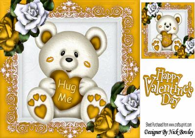 Hug Me! Cute Teddy Bear with Gold & White Roses 8x8