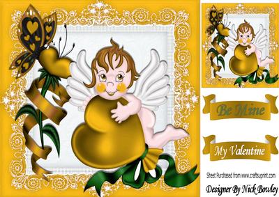 Little Cherub with Gold Heart and Butterfly on Lace 8x8