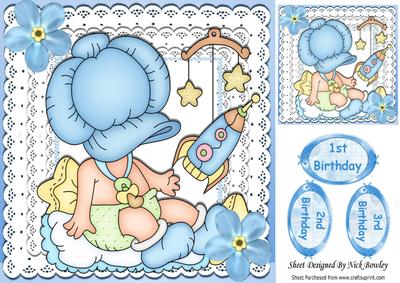 Baby Blue Bonnet Boy in Lace Frame & Stars 8x8