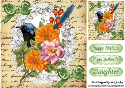 Pretty Bird with Flowers, Lace and Script Frame 8x8