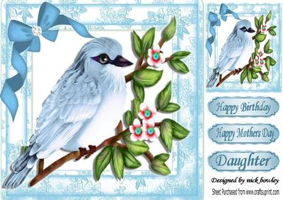 Pretty Blue Bird on a Branch with Bow 8x8
