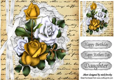 Gold and White Roses on Lace and Script with Bow 8x8