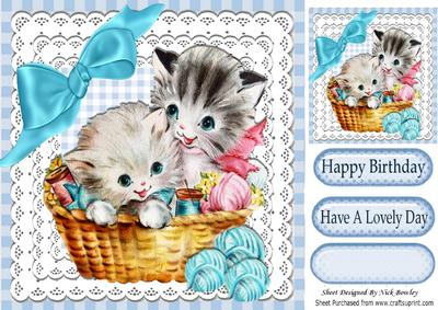 Kittens in a Basket with Balls of Wool and Cotton 8x8