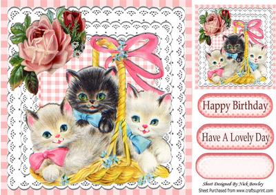 Playful Vintage Kittens in a Basket on Lace and Gingham 8x8
