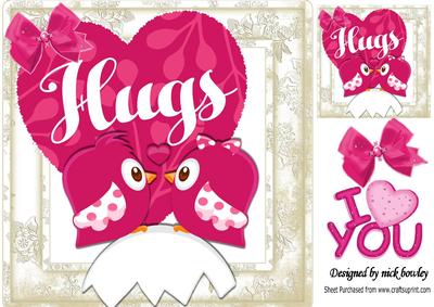 Pair of Pink Love Birds with Big Hug Heart 8x8