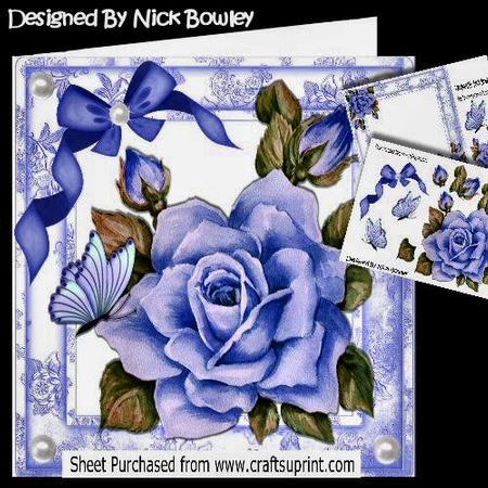 Pretty Painted Blue Rose with Butterflies and Bow 8x8 Kit