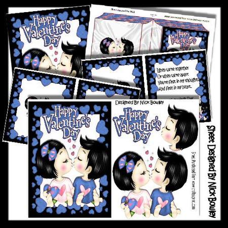 Cute Little Kids Kissing on Valentines Blue, A5 Mini Kit