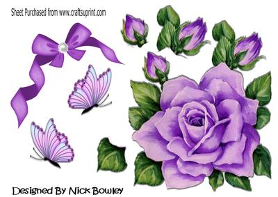 Pretty Purple Painted Roses, Butterflies with Bow
