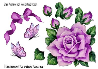 Pretty Pink Painted Roses, Butterflies with Bow