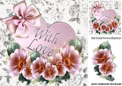 With Love! Pink Heart with Pretty Roses and Bow 8x8