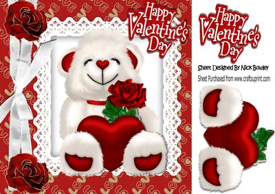 Cute White Teddy Bear with Heart, Rose and Bow 8x8