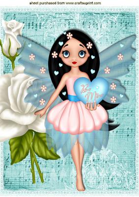 Be Mine Little Blue Faerie with Rose and Music A4