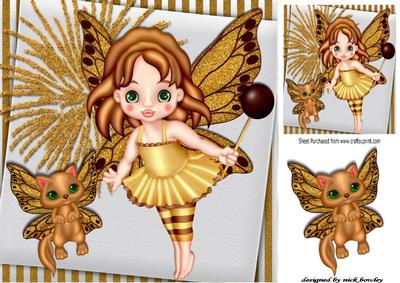 Pretty Glitter and Gold Faerie with Her Faerie Cat 8x8