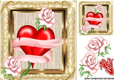 Red Heart Entwined with Ribbon and Roses 8x8