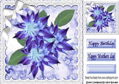 Pretty Blue Flowers with Lace and White Bow 8x8