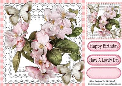 Pink Blossoms and Paper Butterflies on Lace 8x8