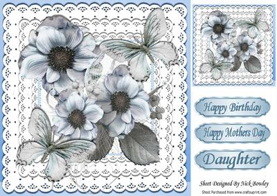 Blue Flowers with Butterflie and Lace 8x8