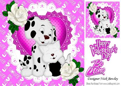 Cute Puppy and Kitten on Cerise Heart with Rose 8x8