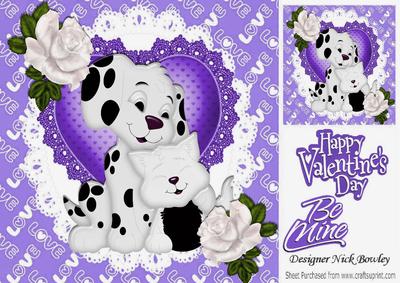 Cute Puppy and Kitten on Purple Heart with Rose 8x8