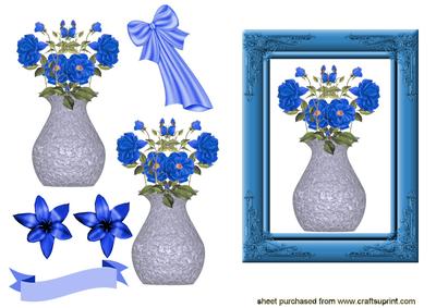 Lovely Stone Vase of Blue Flowers in a Blue Frame