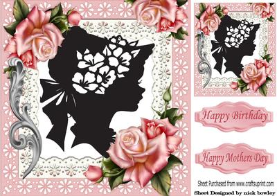 Pretty Silhouette Lady in Bonnet, with Pink Roses 8x8