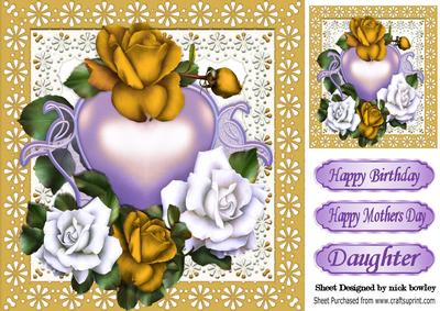 Pretty Lilac Heart with Gold and White Roses Entwined 8x8