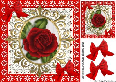 Pretty Red Rose in Ornate Frame with Red Bows on Lace 8x8