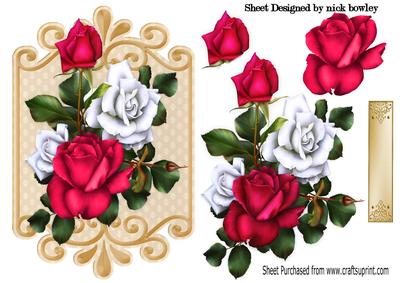 Red and White Roses on Ornate Plaque