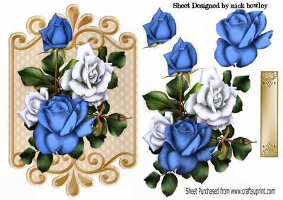 Blue and White Roses on Ornate Plaque