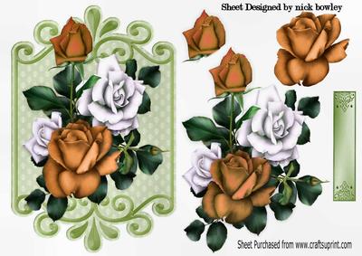 Gold and White Roses on Green Ornate Plaque