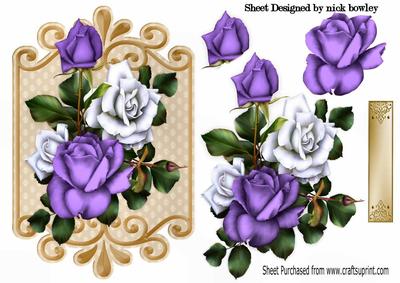 Purple and White Roses on Ornate Plaque