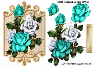 Aquamarine and White Roses on Ornate Plaque