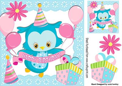 Happy Birthday, Party Owl with Balloons and Pressie 8x8