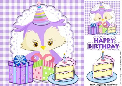 Cute Little Purple Owl with Cake and Pressie in Gingham 8x8